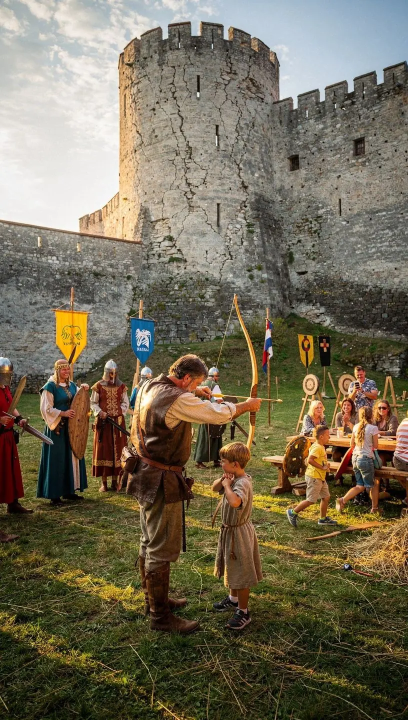 A vibrant image of dancers performing Slovak folk music at an outdoor event.