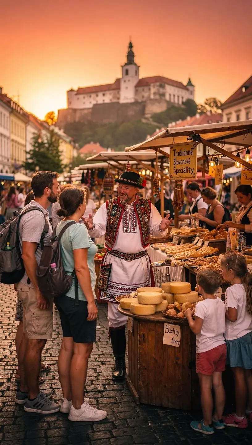 A group of travelers participating in a guided tour, exploring a historic castle in Slovakia, immersed in the stories of its past and architectural beauty.