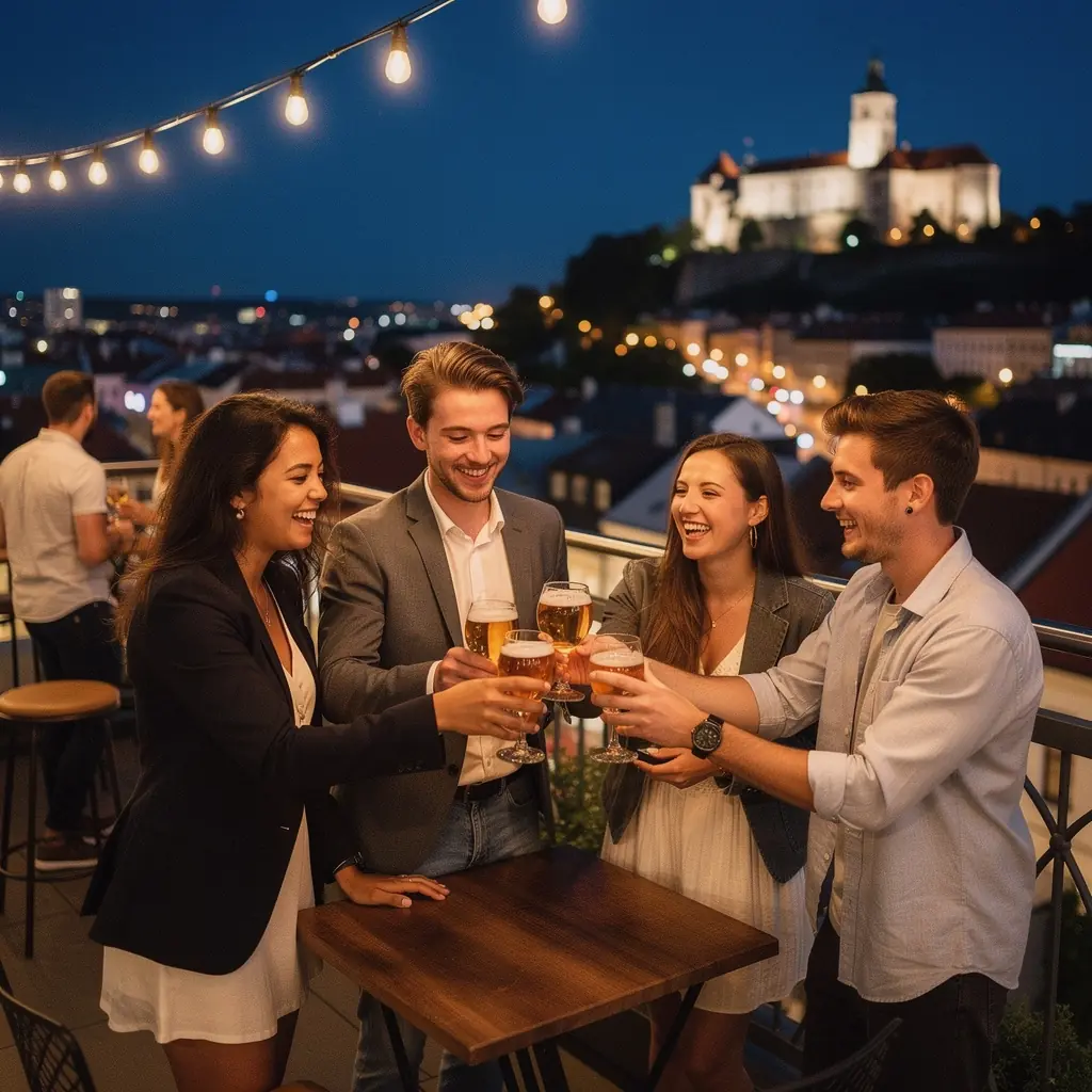 A picturesque view of Bratislava's historic castle illuminated at sunset.